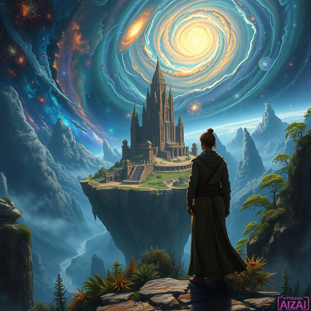 Cosmic Wanderer on Floating Island, Digital Art
