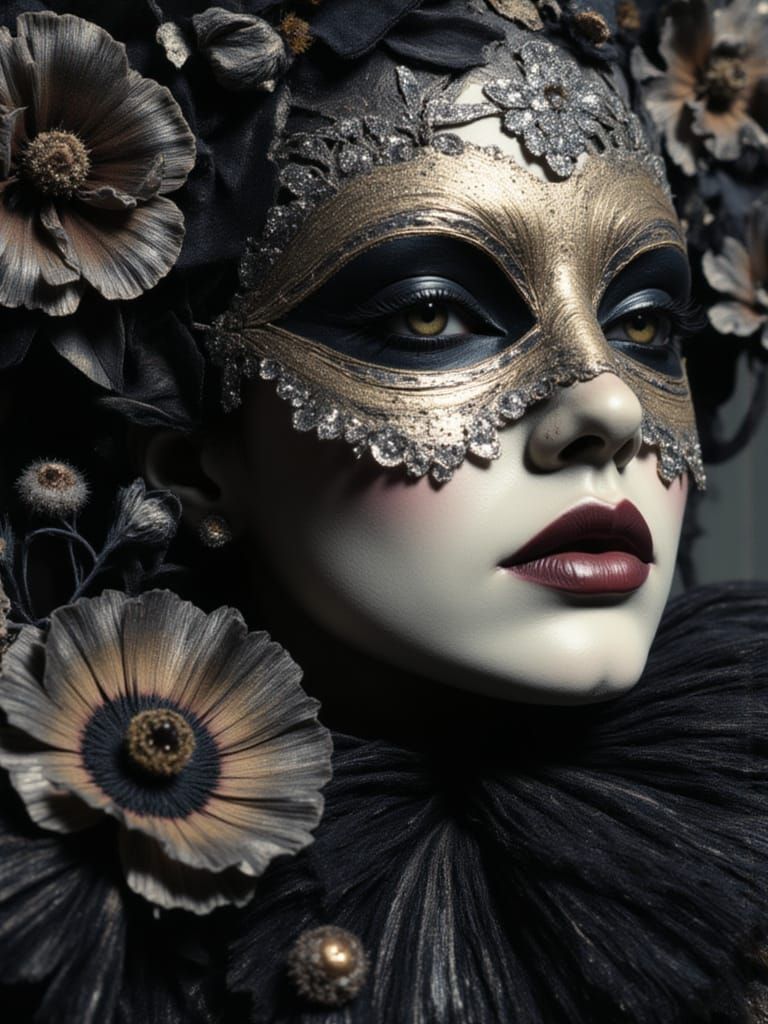 Bohemian Carnival Masks with Flowers in German Expressionist...