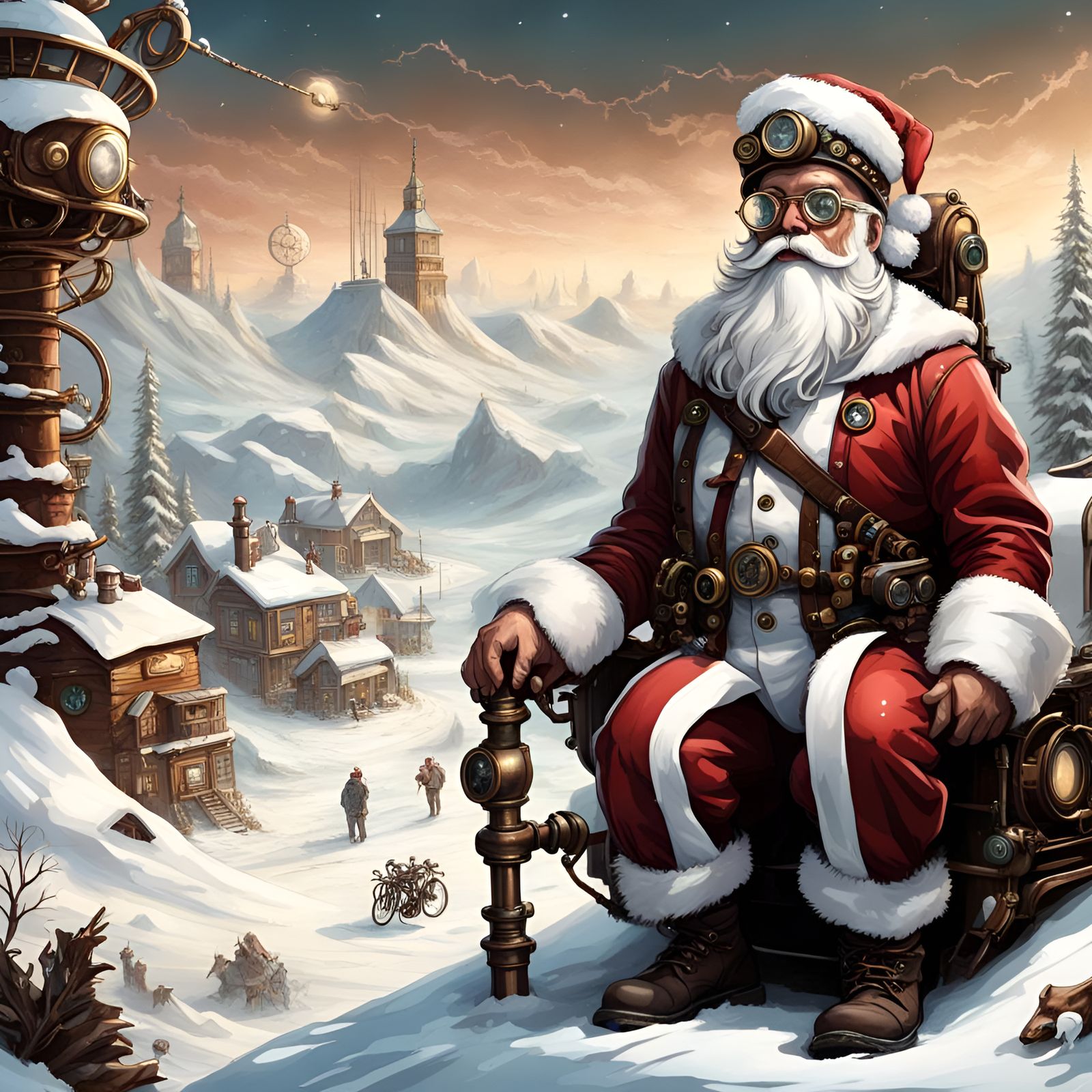Steampunk Santa Claus in North Pole Landscape