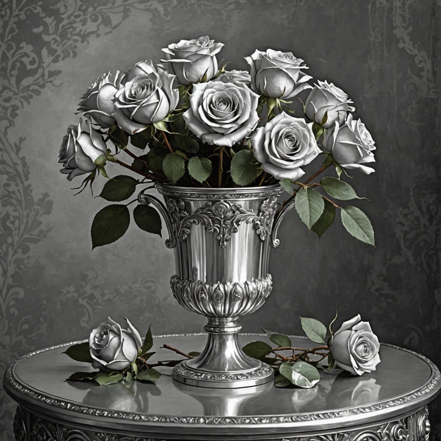 Silver Roses in Vase, Pre-Raphaelite Style