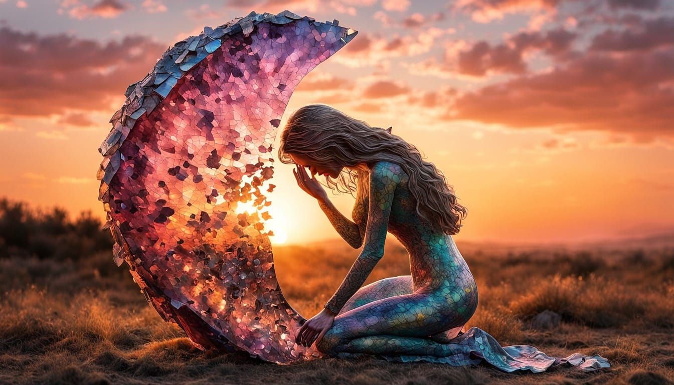 Surreal Fragmented Sculpture of Woman at Sunset