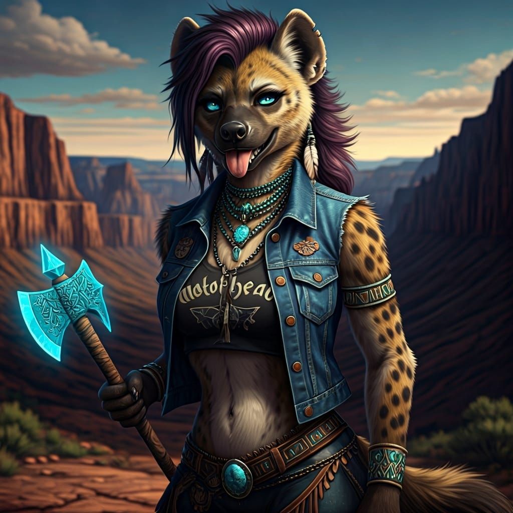 Anthropomorphic Hyena with Turquoise Tomahawk