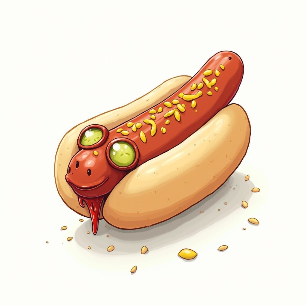 Surreal Hotdog Monster with Mustard Veins and Pickle Eyes