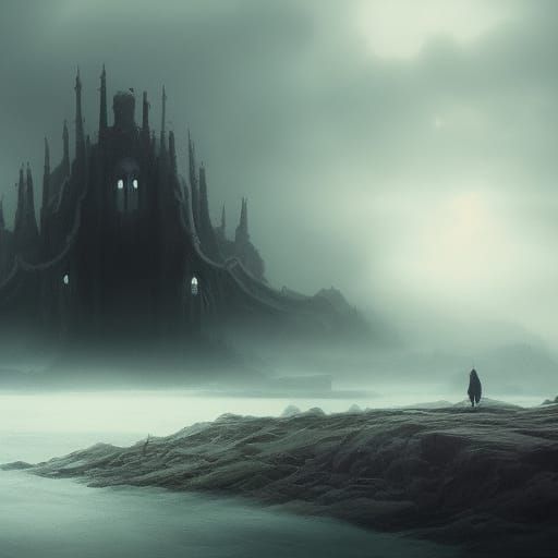 A giant monster hidden by the fog on the sea