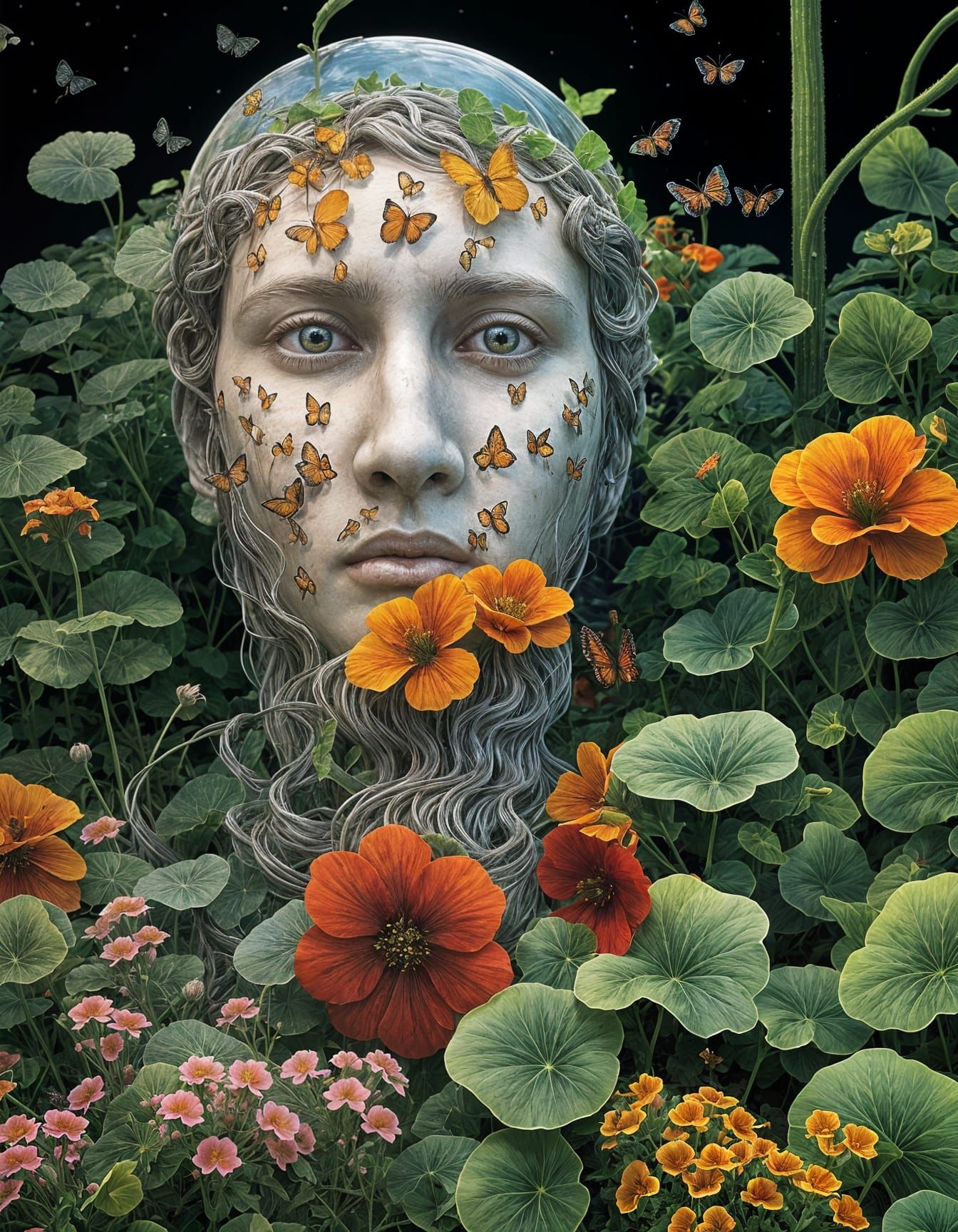 Epic 3D Statue amidst Exotic Blooms in HDR