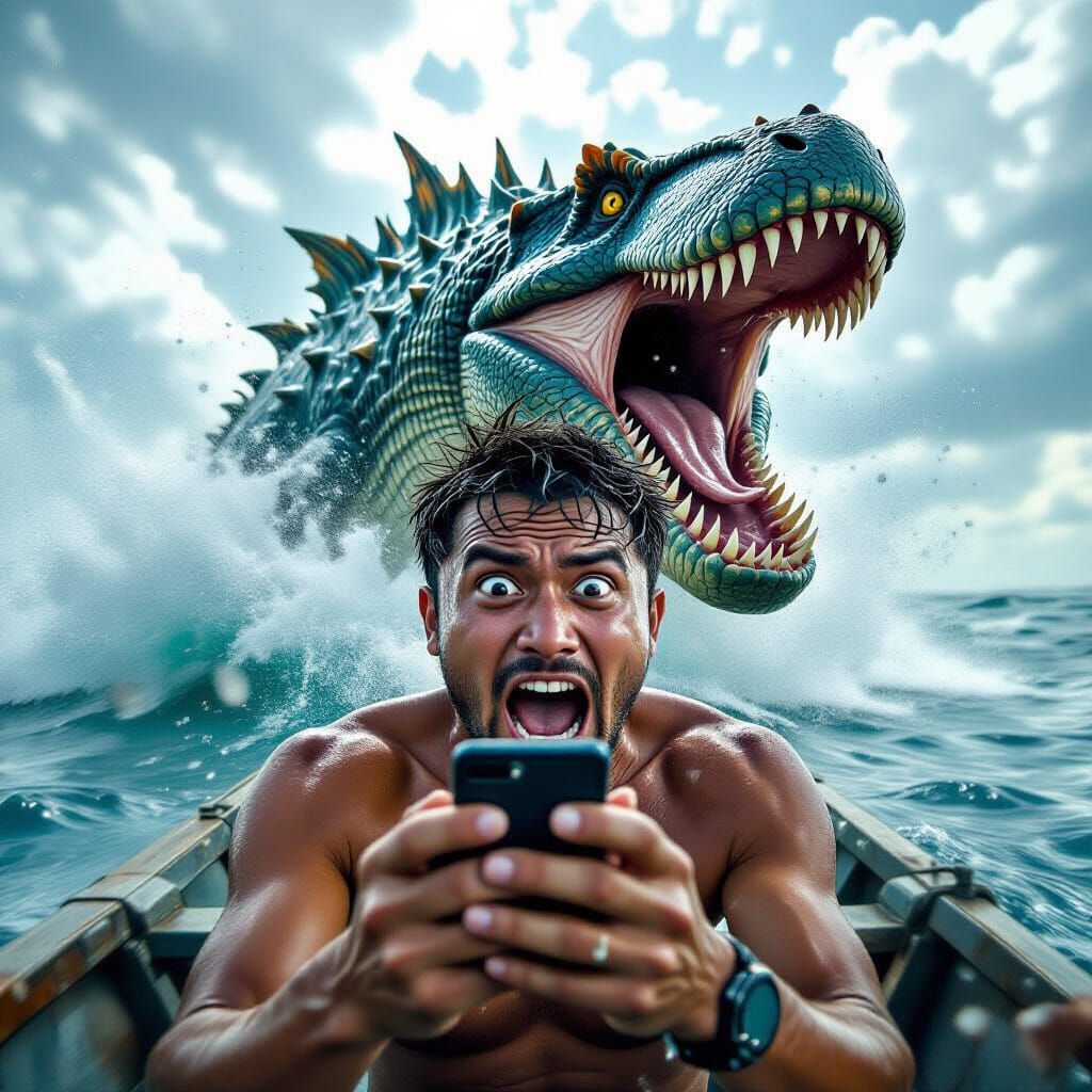 Frantic Selfie with Mosasaurus in Hyperrealism Style