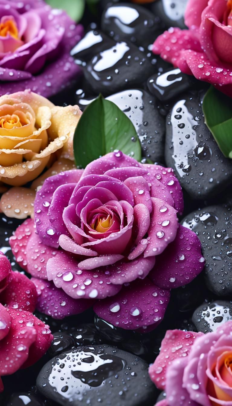 Close up of stones and “big colorful roses” with many of sma...