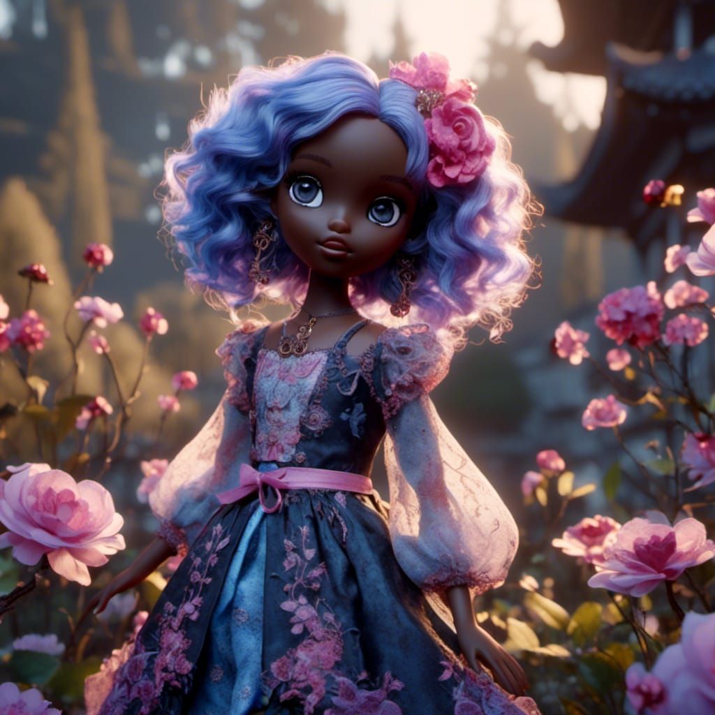 Black Doll with Pink Hair in Sunlit Garden