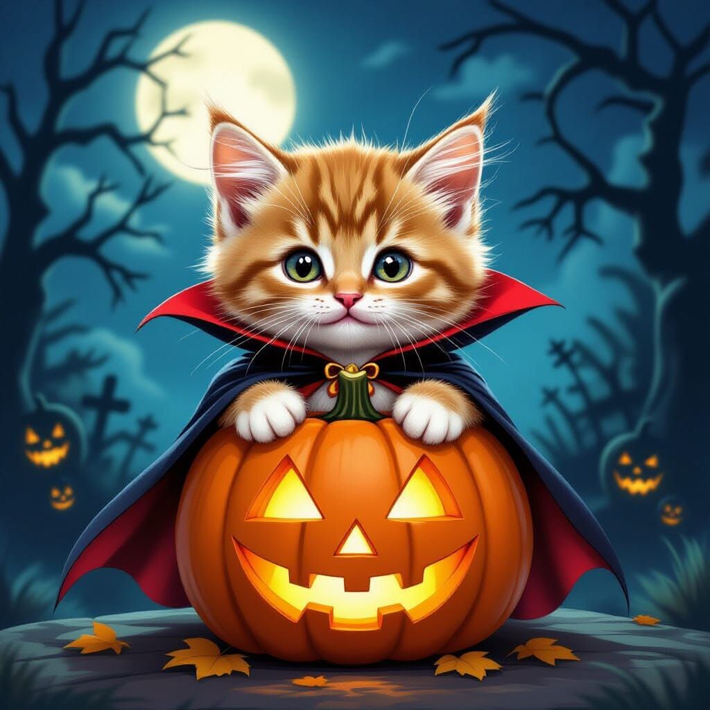Adorable Vampire Kitten Peeking From Halloween Pumpkin