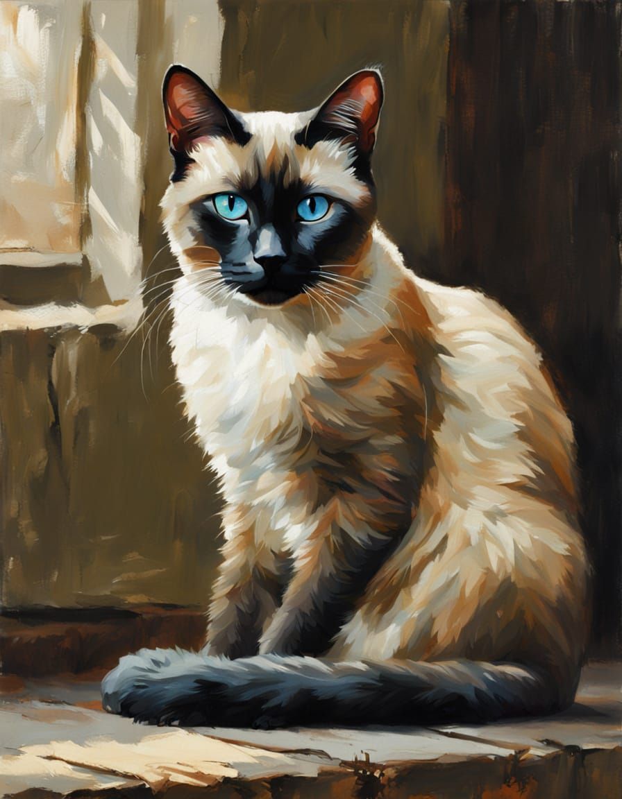 Beautiful Siamese Cat in Dramatic Oil Painting