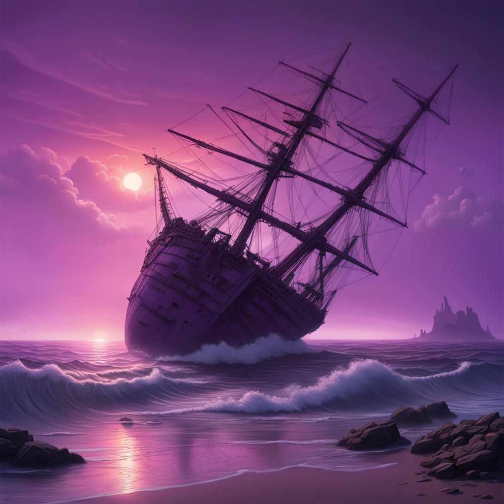 Hyperdetailed Shipwreck Seascape with Purple Sky