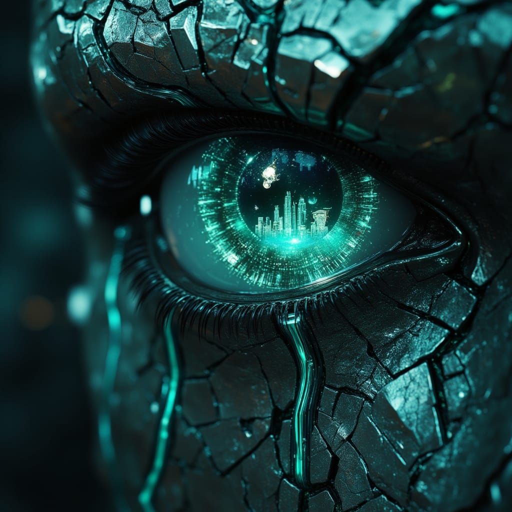 Cybernetic Guardian Face Reflecting Megacity Circuitry