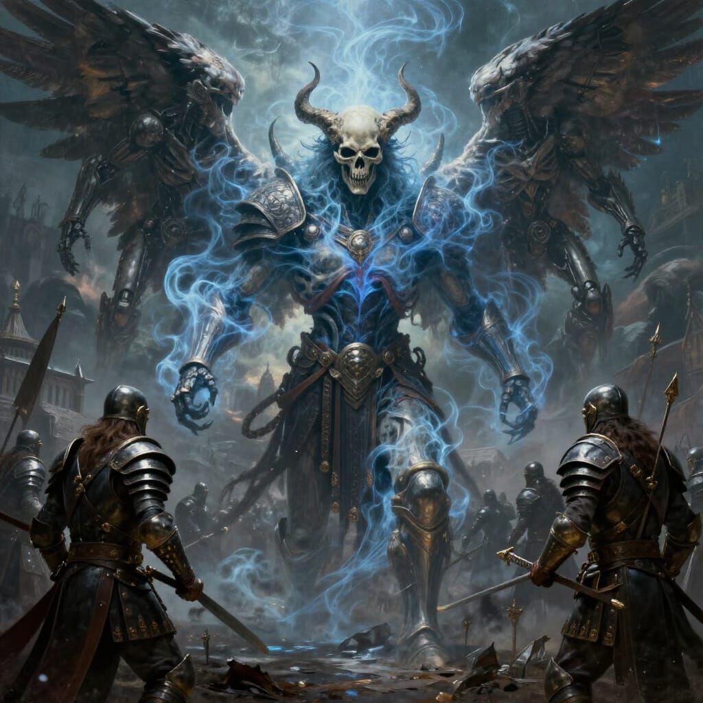 Asgardian Warriors Battle Skull Demon in Epic Realism