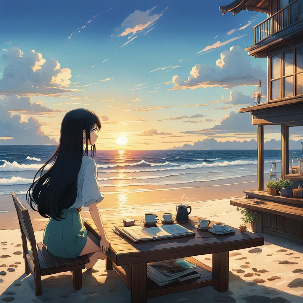 Woman at Beach Table in Ghibli Anime Style