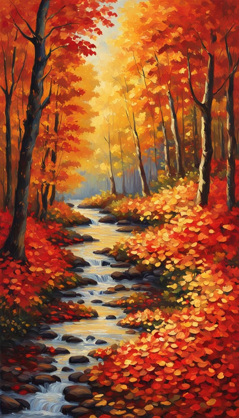 Impressionist Forest Path in Autumn Colors