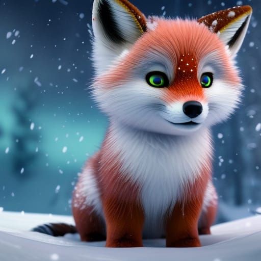Cute Chibi Snow Fox Cub in Polar Night