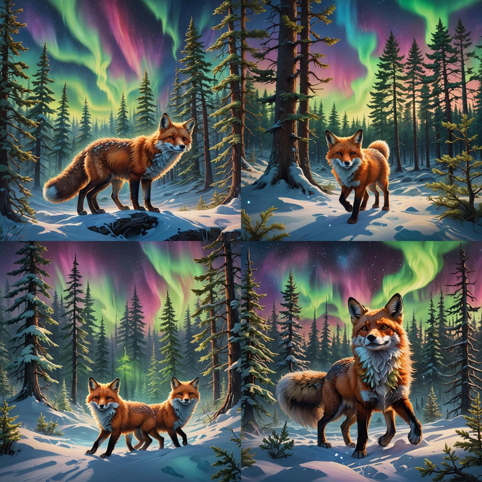 Arctic Fox Dog in Aurora Borealis: Surreal Oil Painting