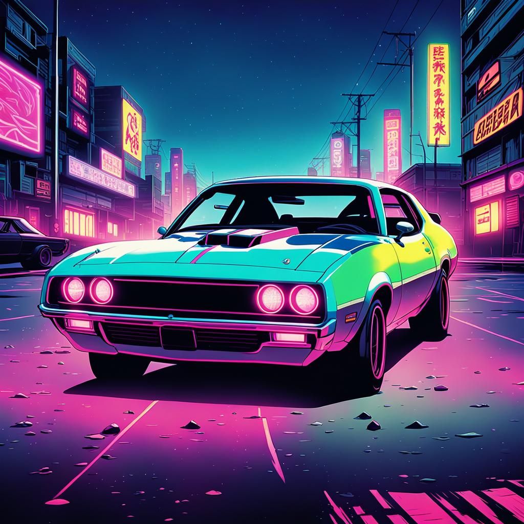 Abandoned Muscle Car in Synthwave Anime Style