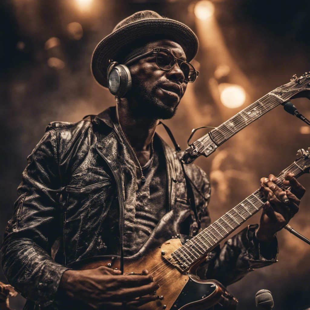 Hyperrealistic Image of Black Musician Singing and Playing G...