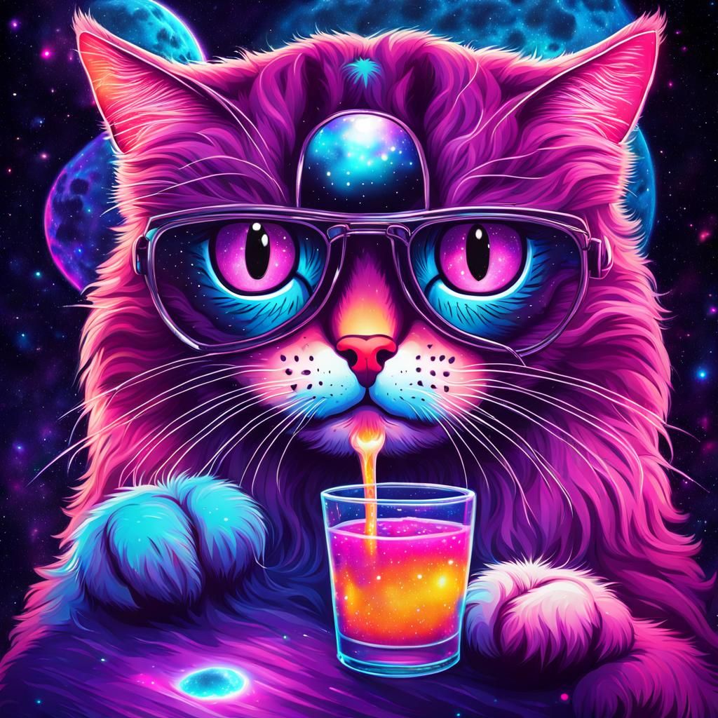 Cosmic Cat Sipping Milky Way, Holographic Illustration