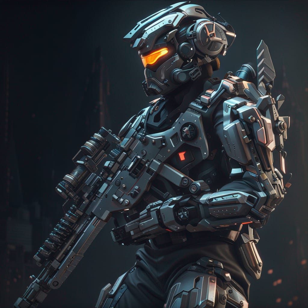 Futuristic Soldier in Mecha Suit with M16 Rifle