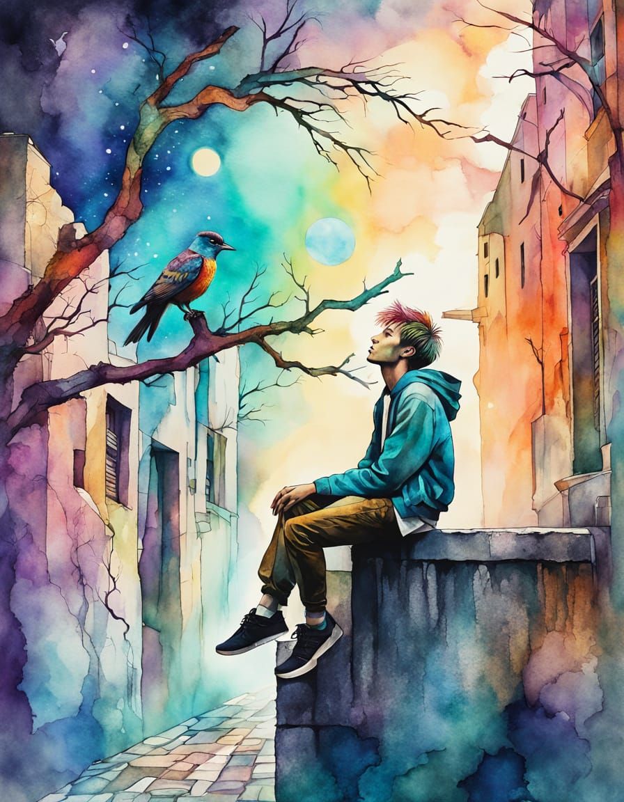 Teenage Boy in Alley: Whimsical Watercolor Art
