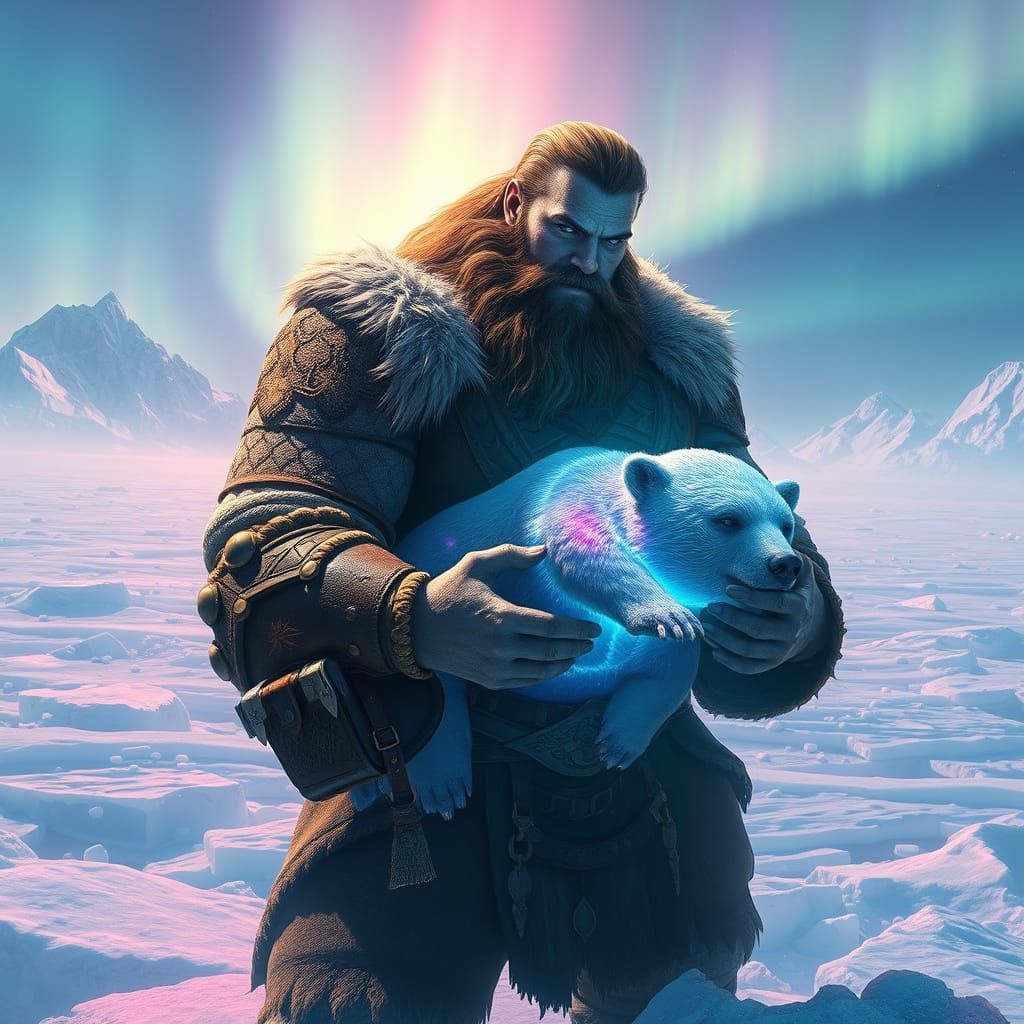 Colossal Ice Warrior Cradles Luminous Bear in Iridescent Ice...