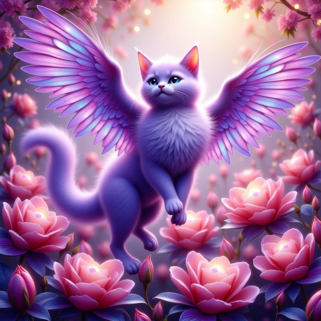 Majestic Iridescent Feline Soars in Lavender Hues