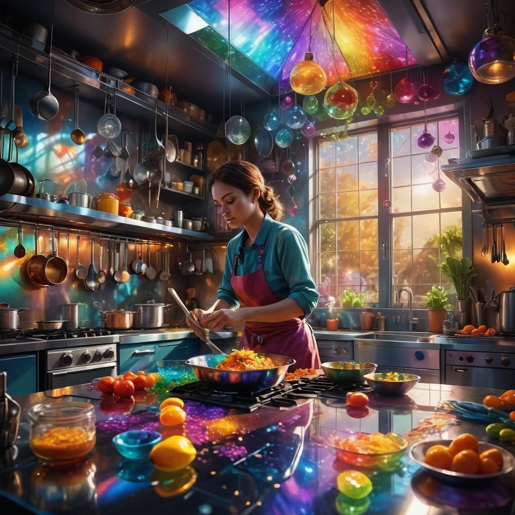 Rainbow Glass Kitchen: Vibrant Digital Concept Art