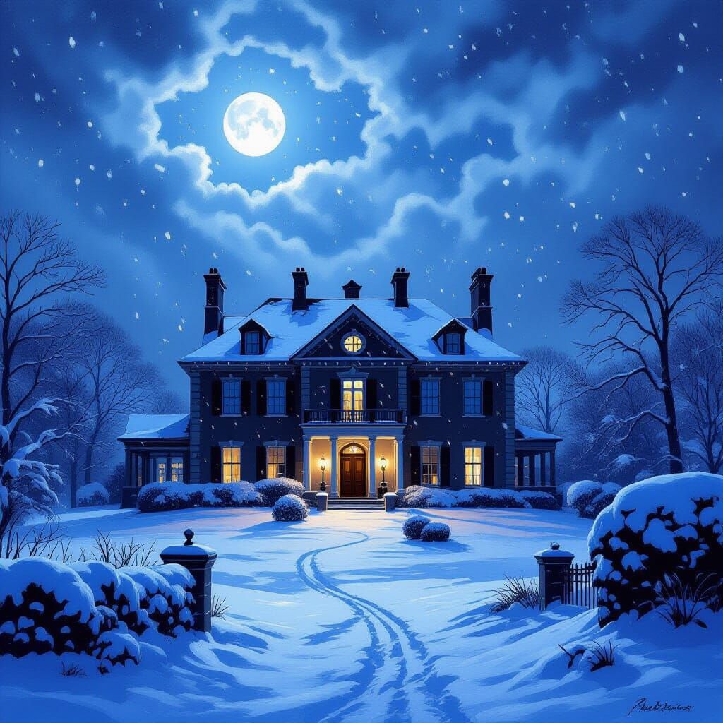 Moonlit Manor House in Snowstorm
