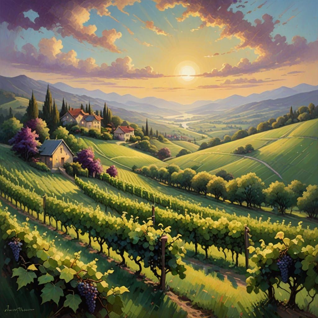 Surreal Golden Hour Landscape with Whimsical Vineyard