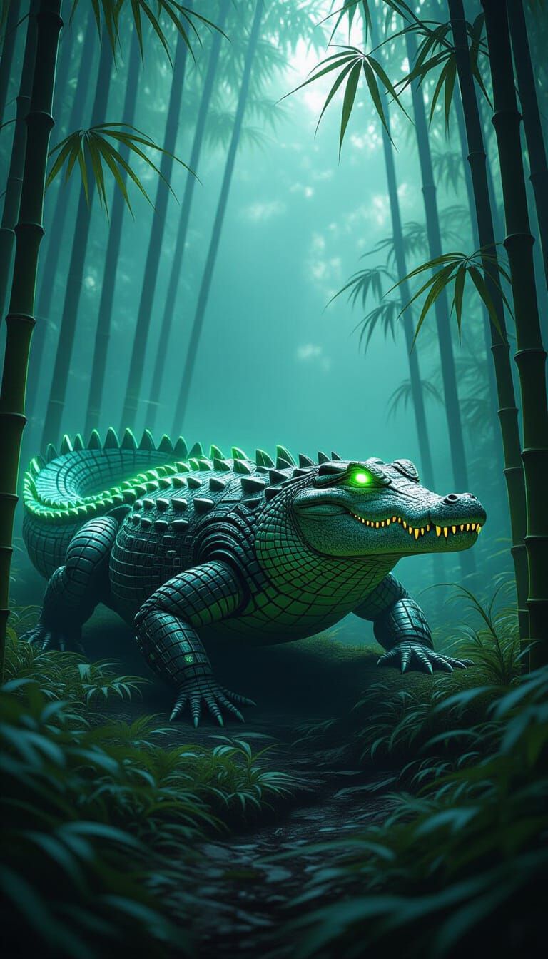 Cybernetic Crocodile Prowls Through Misty Bamboo Forest