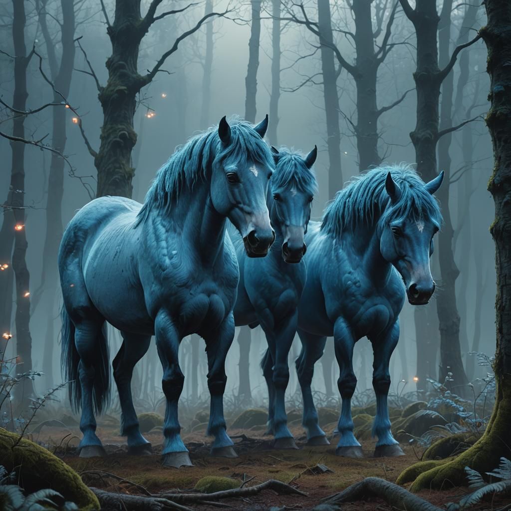 Blue Horses in Misty Forest: Fantasy Concept Art