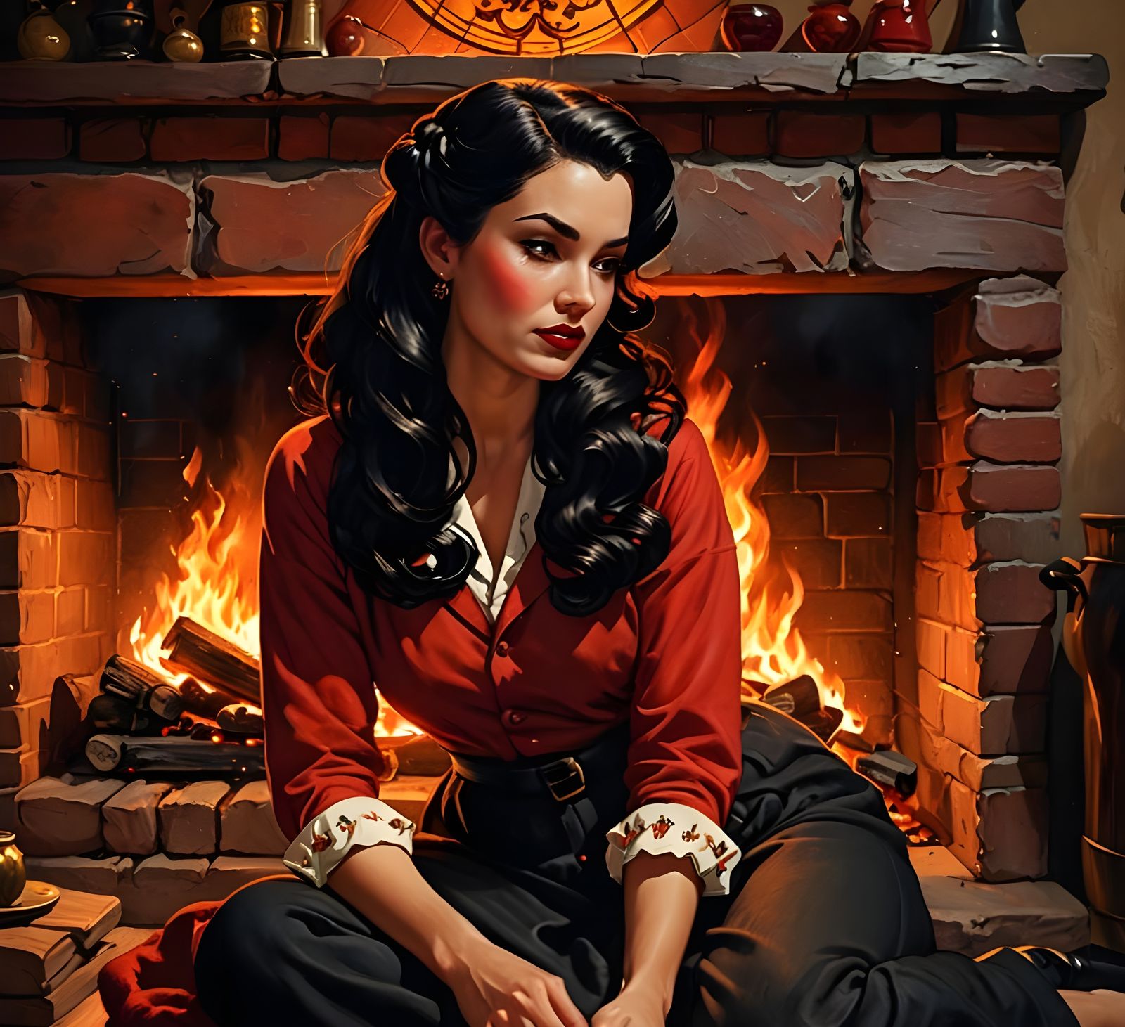Glamorous Woman in Crimson Robe on Hearth