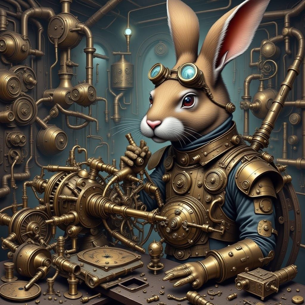 Steampunk Rabbit Engineer with Clockwork Device