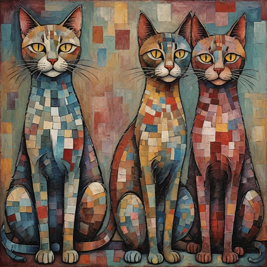 Three Cats Portrait in Art Brut, Impasto Style
