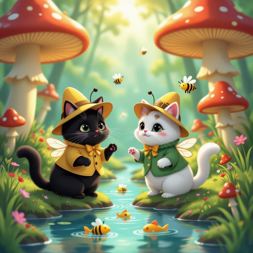 Cats in Frog Shirts Explore Enchanted Mushroom Forest