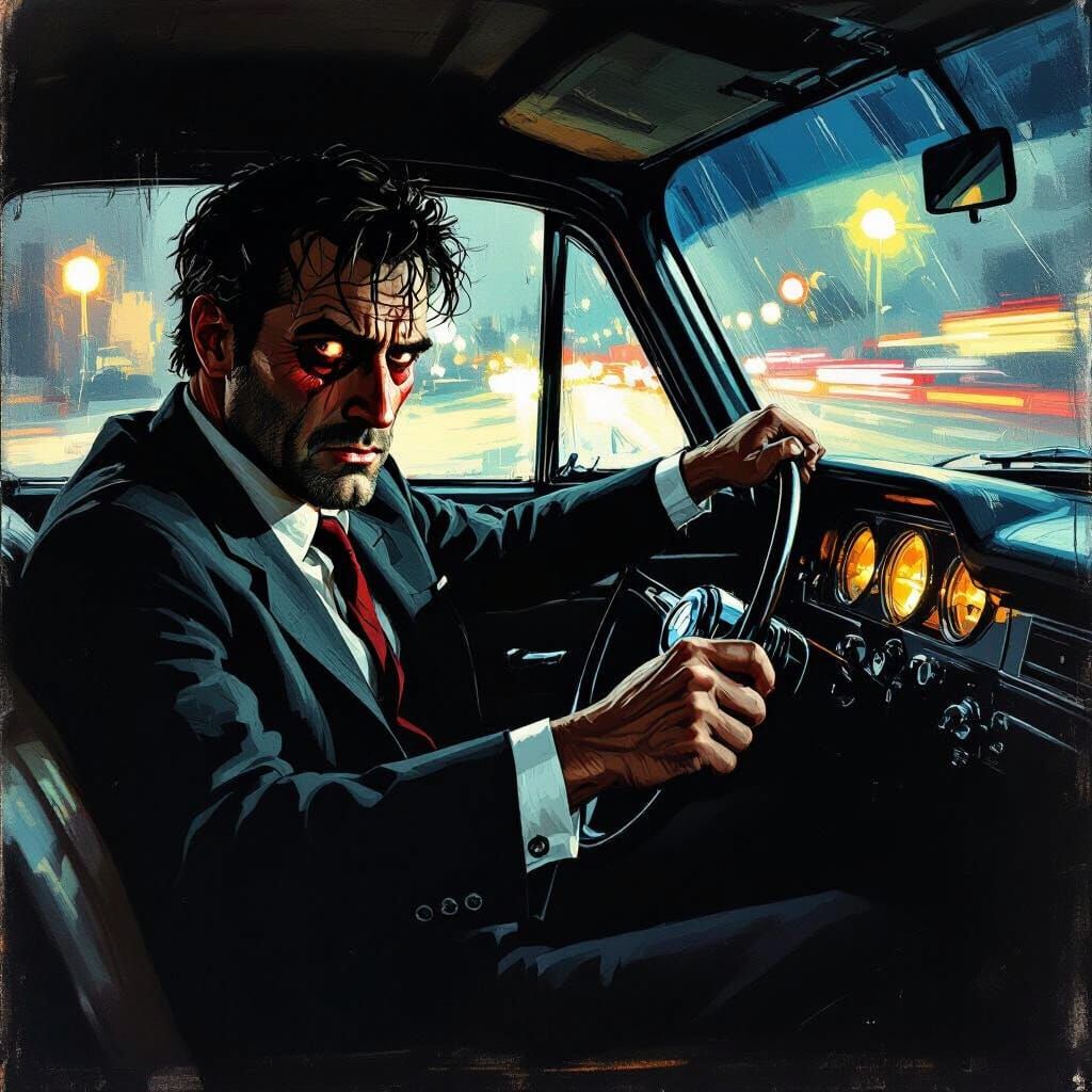 Drunk Driver in Vintage Car Noir Style