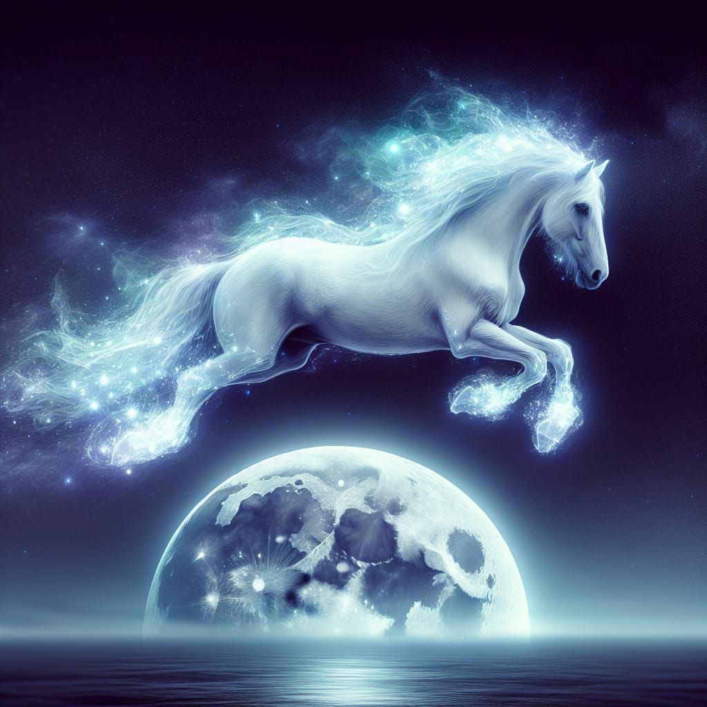 Imagine a perfect spectral white ethereal horse leaping over...