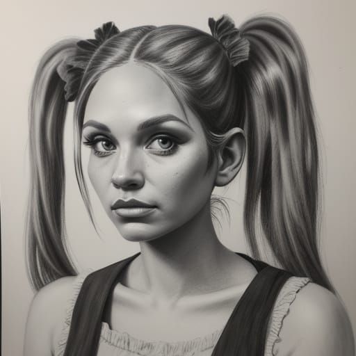 Girl with Elegant Hyperdetailed Charcoal Pigtails
