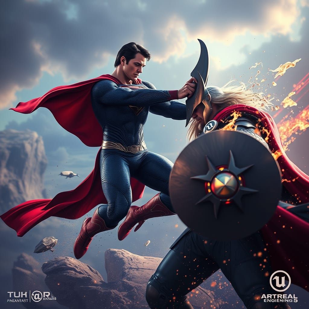 Superman Battles Thor in Epic Fantasy Art