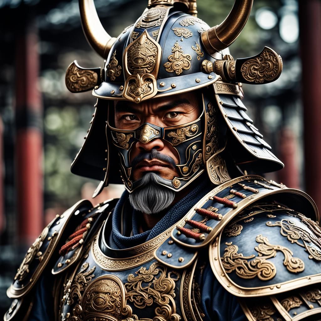 Ornate Samurai Warrior in Armor and Helmet