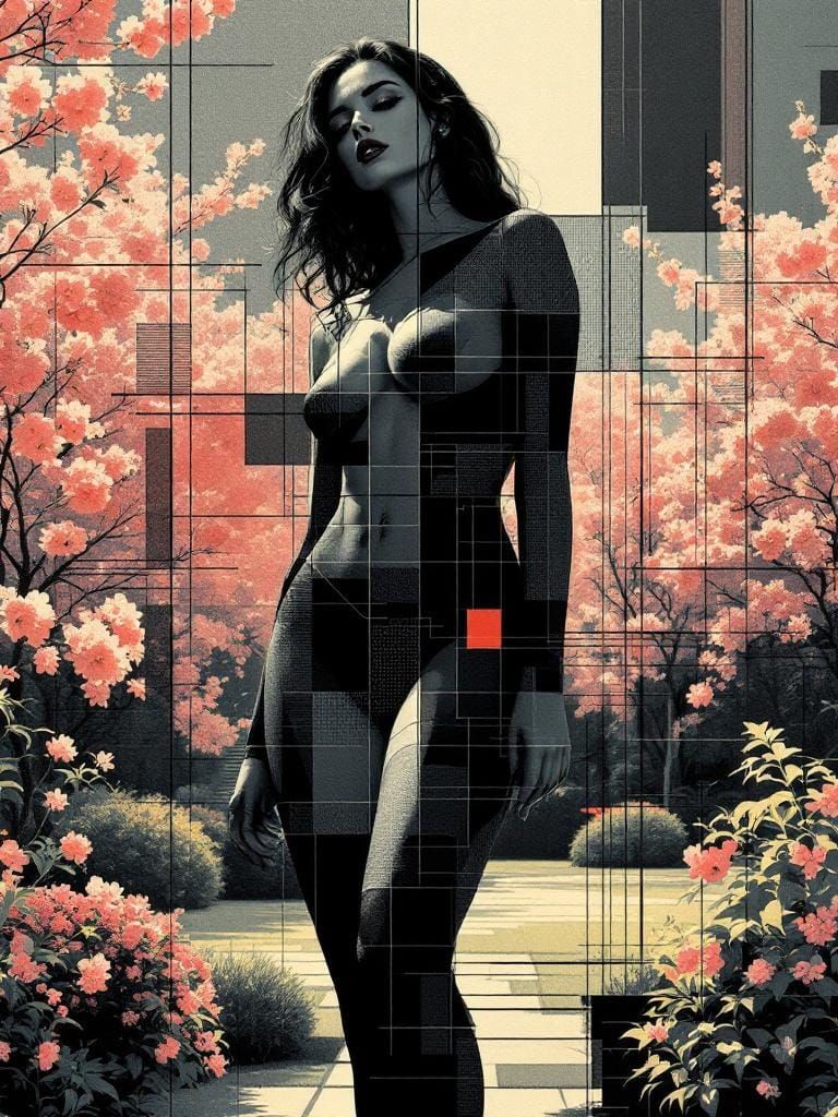 ASCII Art Fusion: Mondrian-Inspired Pin-Up in Geometric Gard...