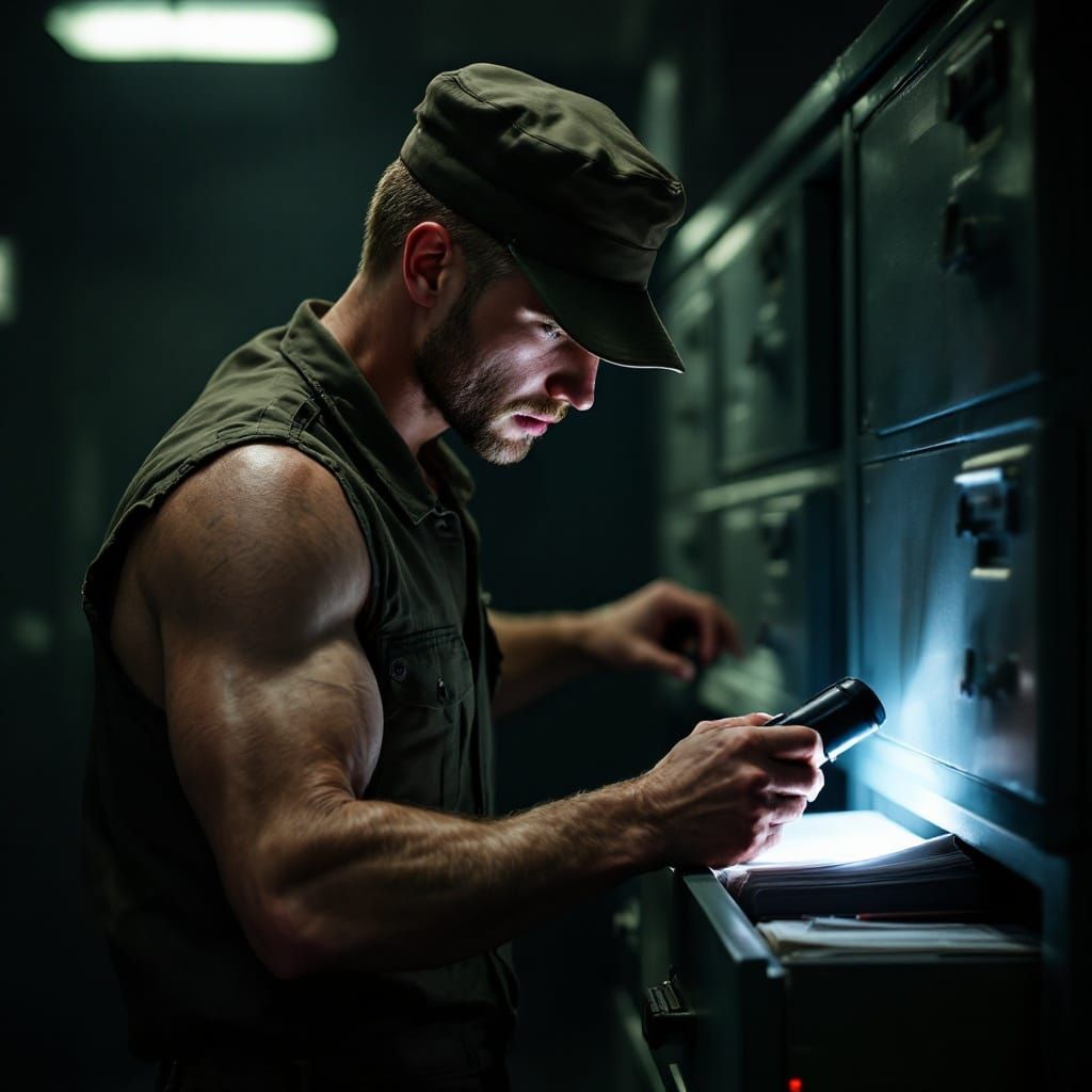 Sleek Detective in Military Attire Discovers Secret Files