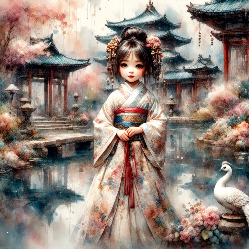 Adorable Asian Girl with Peacock in Watercolor Style