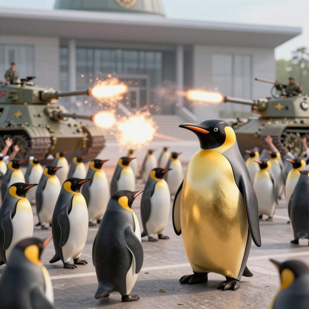 Golden Penguin Army Overwhelms Military HQ in Chaotic Battle