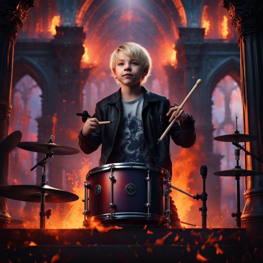Young Drummer Boy in Fiery Gothic Scene