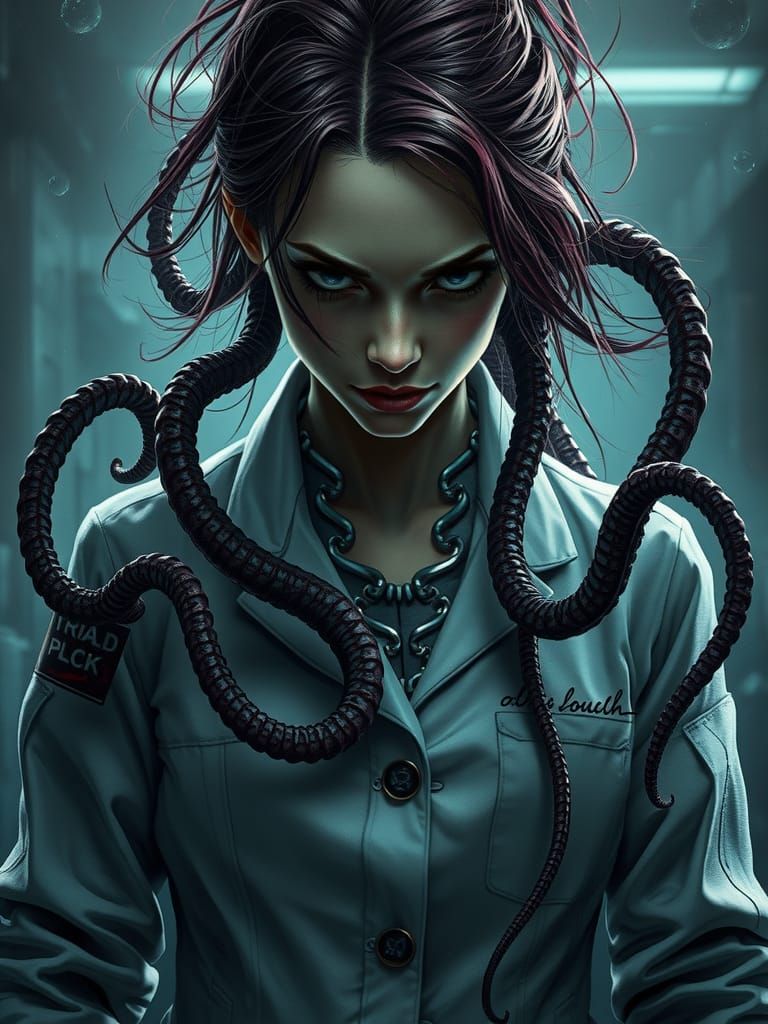 Surreal Digital Horror Art of a Scientist with Tentacles