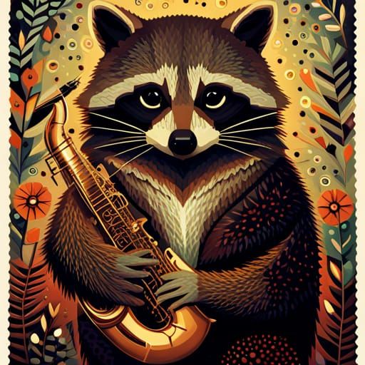 Raccoon Saxophone Player in Collage Art Style