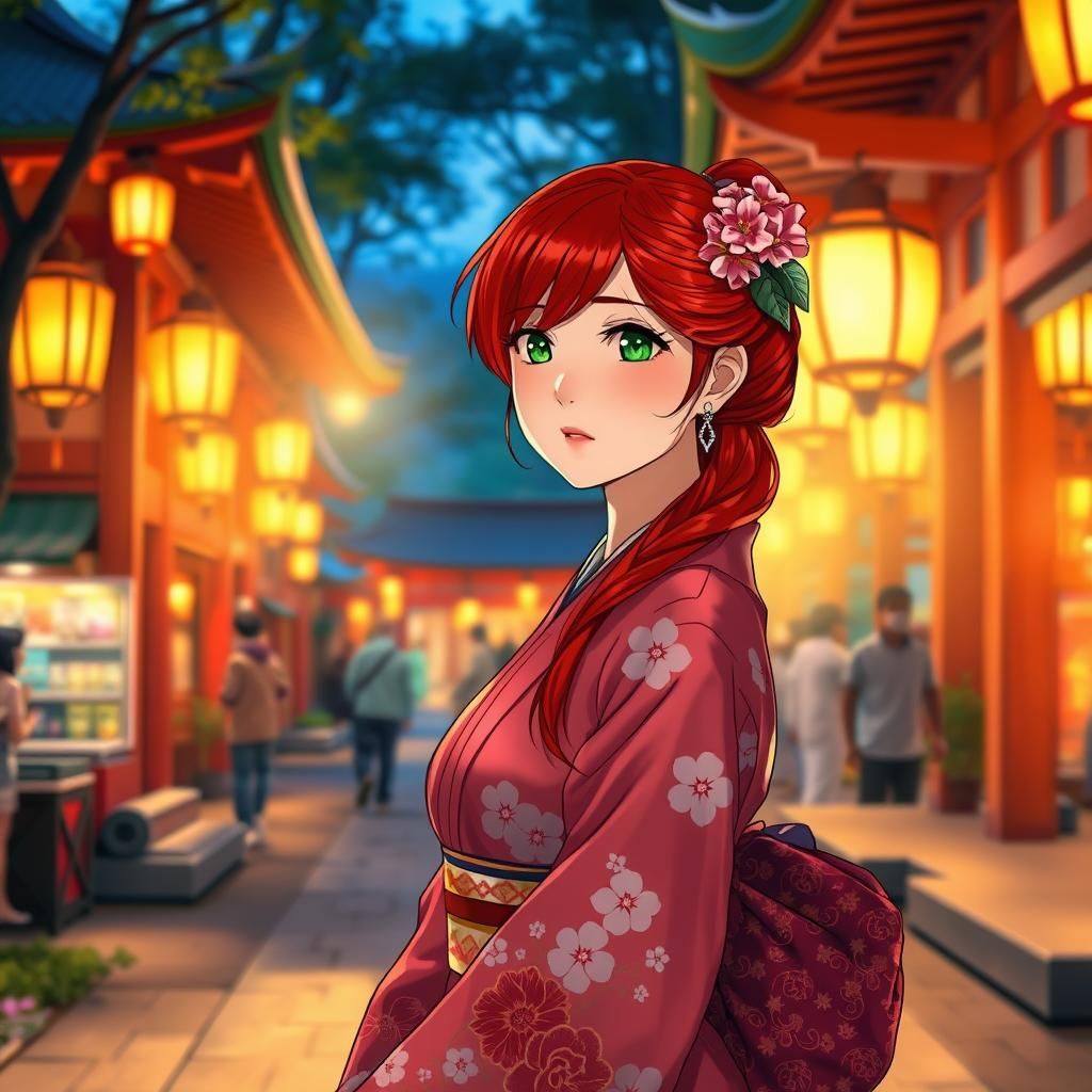 Japanese Woman at Shrine in Anime Style